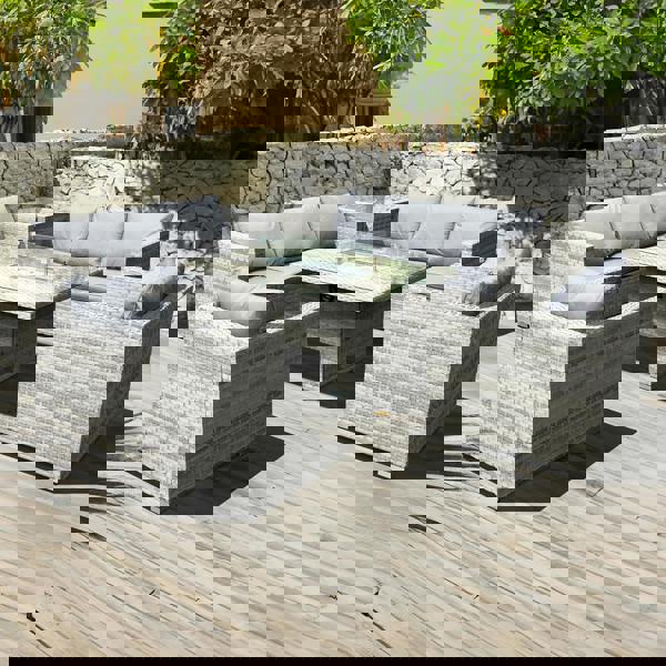 malta rattan 8 seat rising firepit corner set in dove grey