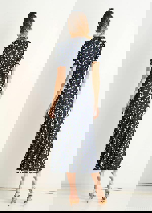 Gini London Navy Floral Lace Trim V Neck Midi Dress