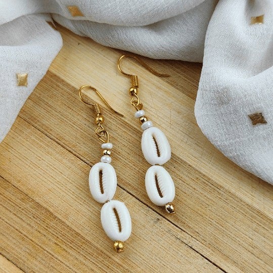 The Colourful Aura Cowrie Sea Shell Lightweight Minimalist Beach Dainty White Drop Hook Earring