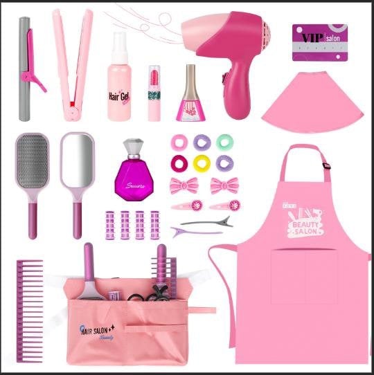 deAO Toys 32-Piece Hair Beauty Stylist Toy Set – Pretend Play Salon Kit with Realistic Tools & Accessories Role Play Gift for Kids Ages 3+