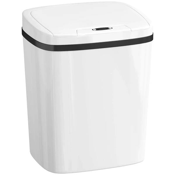 White touchless sensor trash bin with swing-off lid and black trim