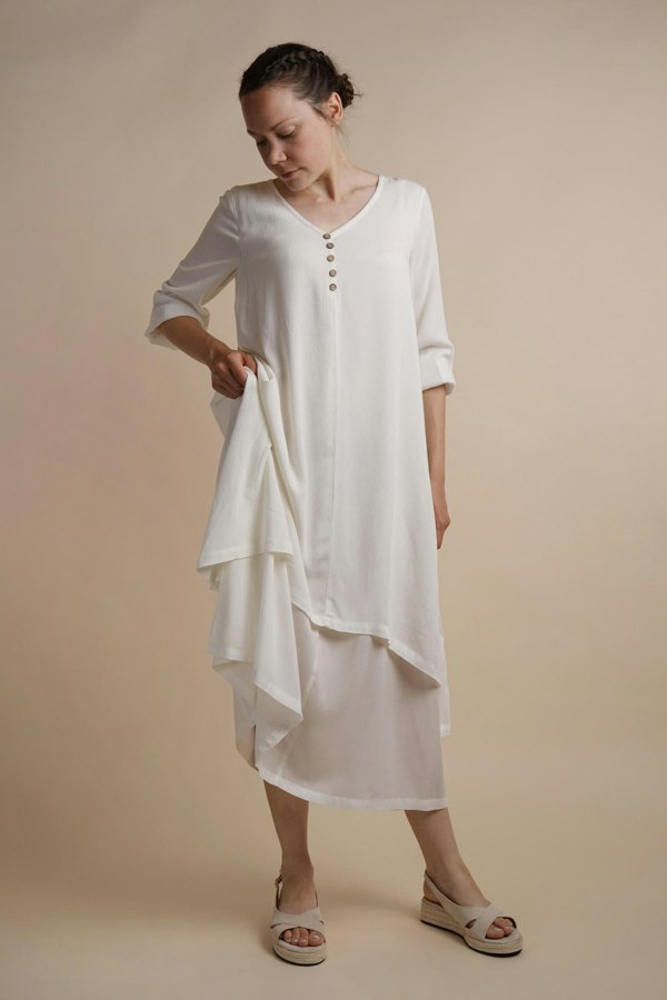 Antonia York White Layered Dress | Chelsea Loose Fitting Dress with Front Button Detail