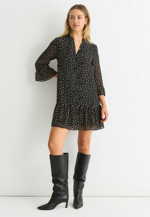 Gini London Black Animal Spot Shirt Mini Dress