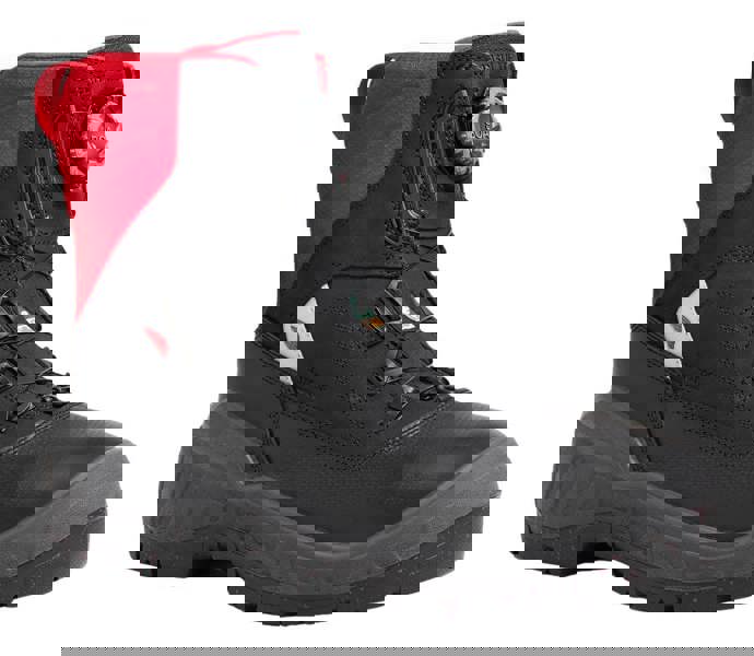 Red Wing Shoes Red Wing Polar X 3265 Mens Waterproof Leather Safety BOA Ankle Boots, close-up view showing black waterproof leather construction, red accents, and a BOA dial closure system for secure fit.