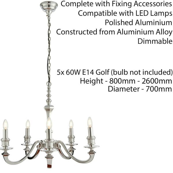 5 Light Chandelier Pendant POLISHED ALUMINIUM Ceiling Hanging Candelabra Lamp Loops