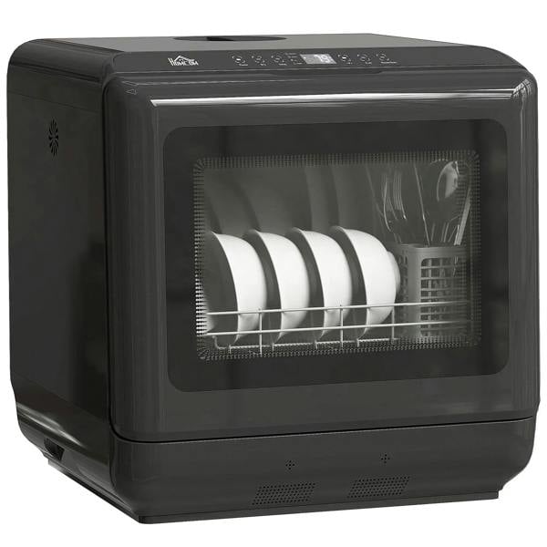 Black tabletop dishwasher with door open, showing interior rack and white dishes