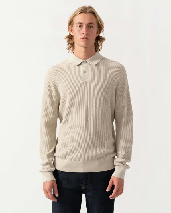 Front of the BOSS Orange Afedro Mens Long Sleeve Knit Polo Shirt - Light Beige 271