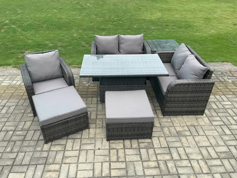 Fimous 7 Seater Rattan Furniture Garden Dining Set Outdoor Height Adjustable Rising lifting Table Love Sofa Chair With Side Table 2 Big Footstool