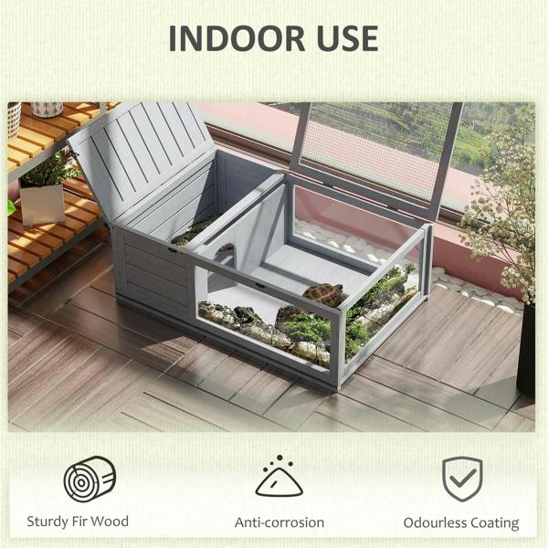 Grey wooden reptile house with open side and mesh roof, built-in ramp and interior base