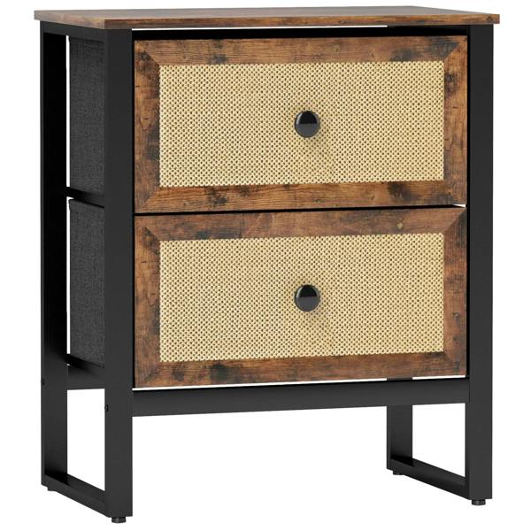 Rustic brown bedside table with two woven drawers and dark side frame
