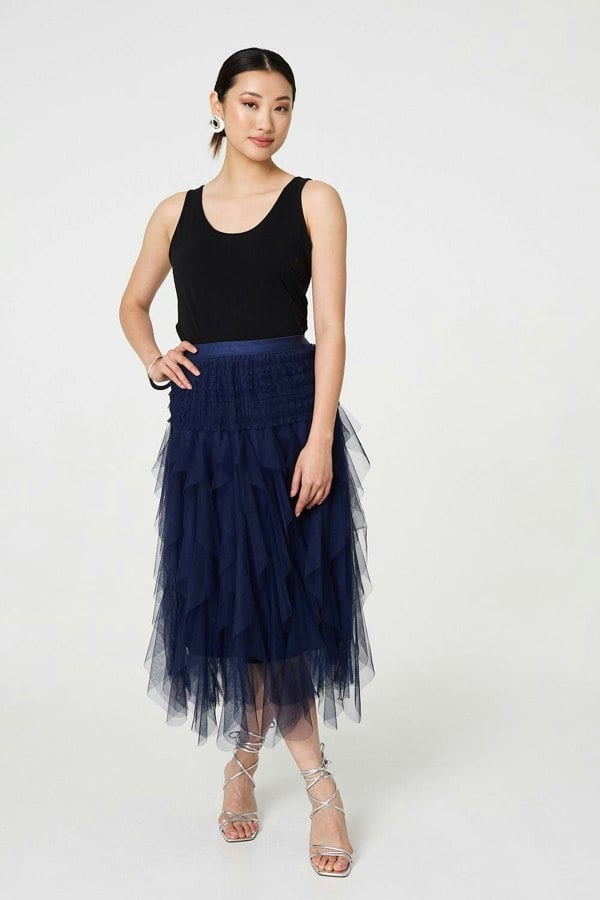 Navy | Ruffled Sheer Mesh High Waist Midi Skirt
