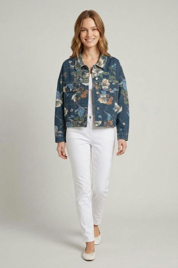 Izabel London Floral Print Drop Shoulder Denim Jacket