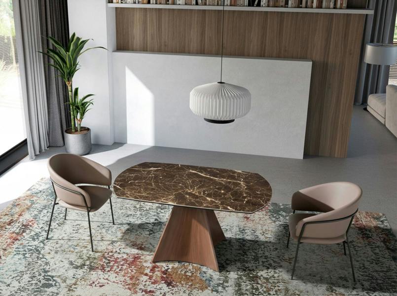 Angel Cerdá Oval Barrel porcelain marble and walnut effect steel extending dining table 1113