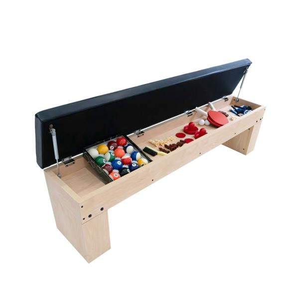 7-in-1 games table and storage bench in oak, featuring a black cushioned lid and organized compartments for game pieces and accessories
