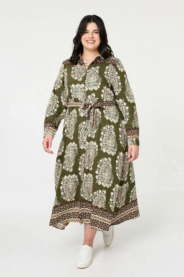 Green | Curve Printed Tie Waist Maxi Shirt Dress