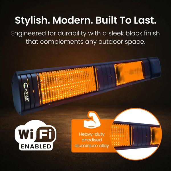 Castle Heaters 2500W Wi-Fi Infrared Patio Heater – Low Glare, Remote Control, IP65 | KMH-25R9