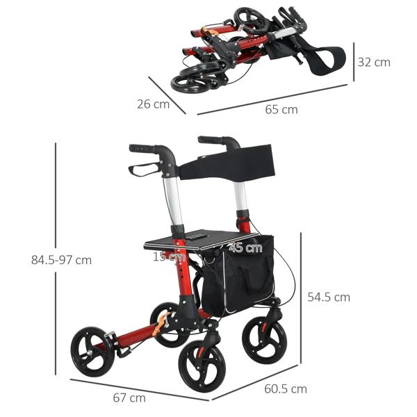 Folding rollator walker with black seat and pouch, shown with overall size outline