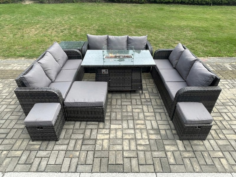 Fimous Rattan Outdoor Garden Furniture Set with Gas Fire Pit Table, Side Table, 3 Sofas, 3 Footstools - 12 Seater - Dark Grey