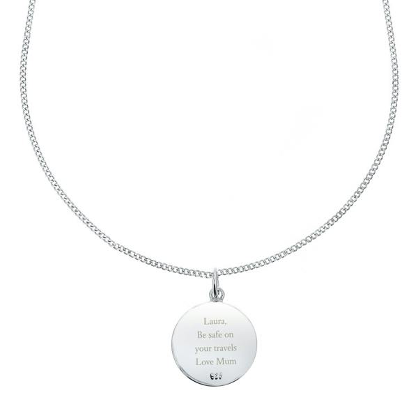 The solid sterling silver reverse side of a circular St. Christopher pendant by Abode Home & Gifts, shown hanging centrally from a silver chain against a pure white background, custom engraved with the travel blessing "Laura, Be safe on your travels Love Mum".