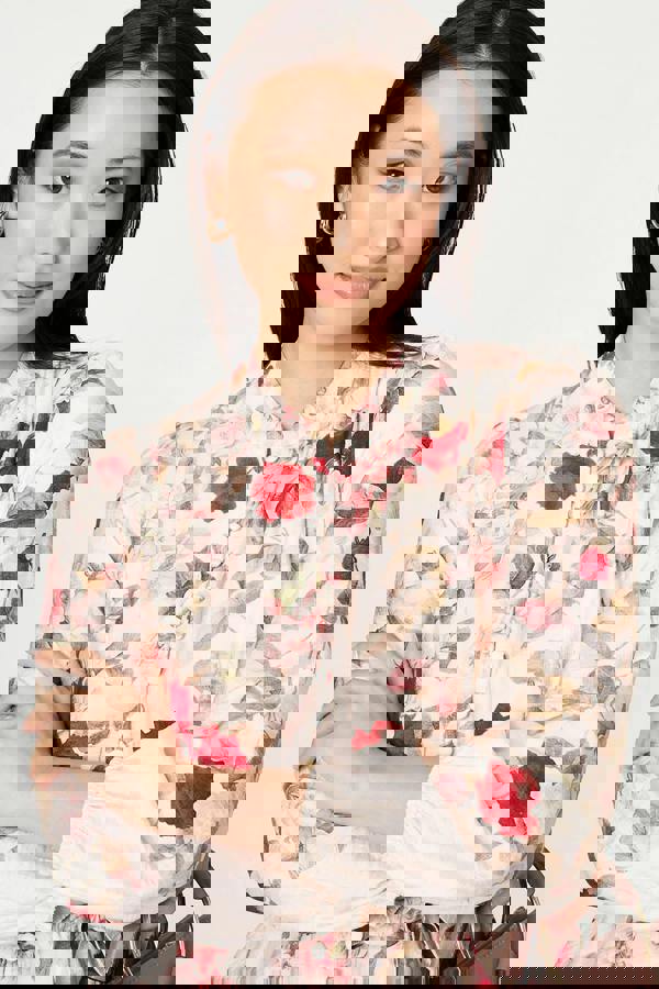 White | Floral Tie Waist Long Sleeve Midi Dress