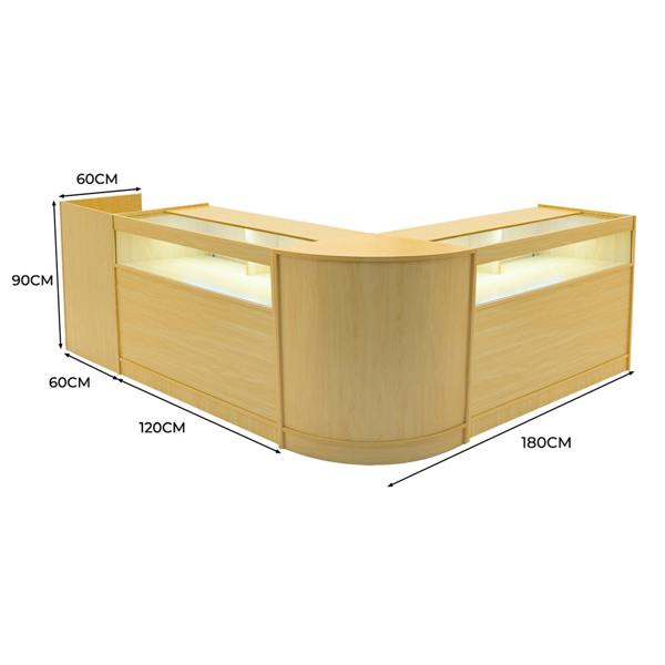 Luna LED Shop Counter Set in maple finish, featuring a modern design with smooth surfaces, LED lighting, and ample display space