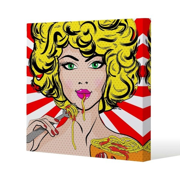 Benjamin Tate Design Pop Art Young woman Eating Spaghetti Slim Style Canvas Print  90x90cm , 15mm Slim Real wood.