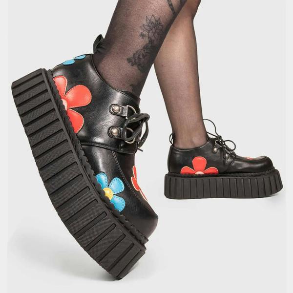 Lamoda Give A Little Black PU Multi-Flower Chunky Platform Creeper Shoes