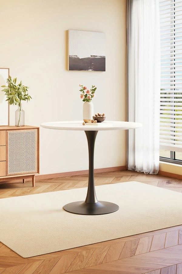 Living and Home Round Dining Table with Black Metal Base & MDF Top