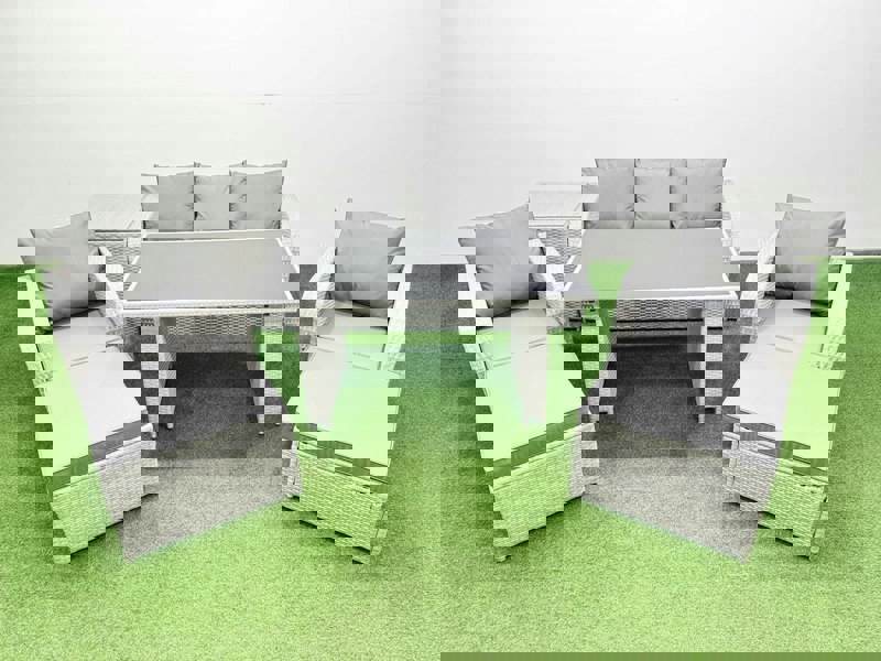 Fimous Outdoor Rattan Garden Furniture Dining Set 7 seater Patio Rectangular Table 3 Seater Sofa Reclining Chair Set with Side Table 2 Big Stools