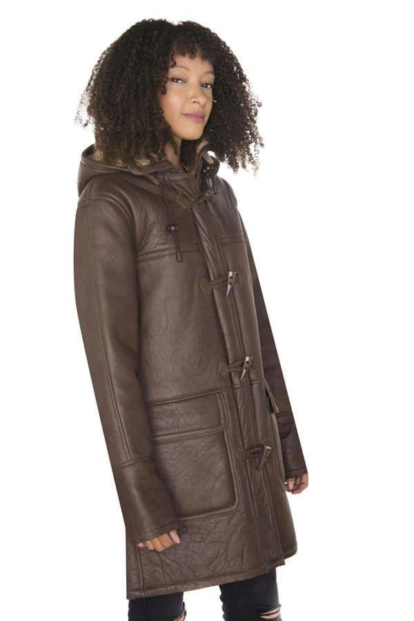 Infinity Leather Womens Brown Hooded Sheepskin Leather Duffle Coat-Charlotte