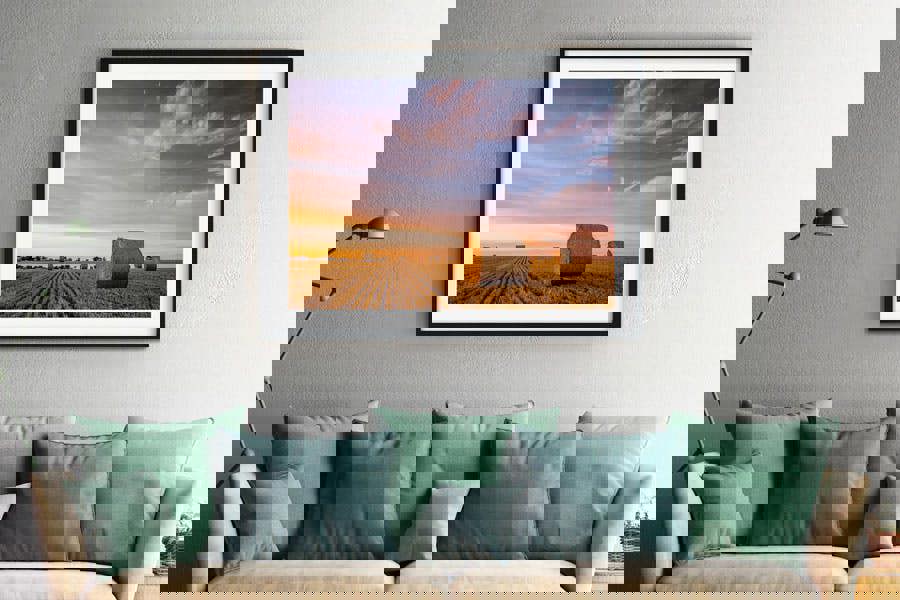 agricultural hay bale sunset photography print for home inspiration