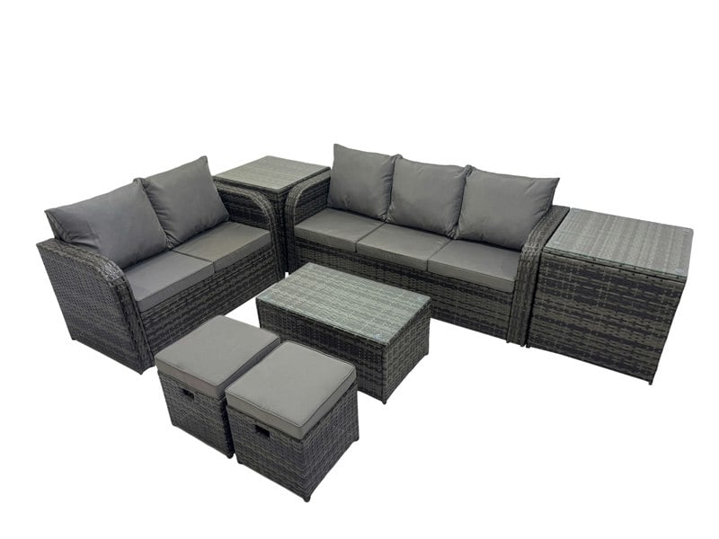 Fimous Outdoor Love Sofa 3 Seater Sofa Coffee Table Set Garden Rattan Furniture Set 7 Seater with 2 Small Stools 2 Side Tables Dark Grey
