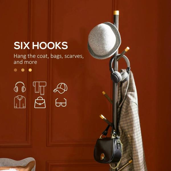 Six-hook coat rack stand with dark poles, gold accents, and hanging bag and jacket