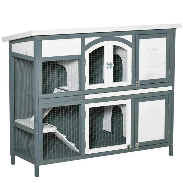 Grey 2-tier wooden rabbit hutch with wire mesh fronts, ramp, and openable roof