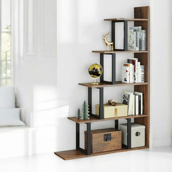 Rafaelo Mobilia 5 Tier Stepped Book Shelf Industrial Rustic Brown