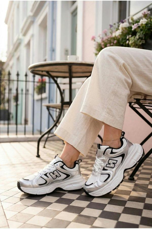 [brandflag] Harper Womens Chunky Sole Mesh Panel Trainers - METALLIC SILVER