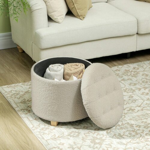 Wyld Haus Fimi Boucle Cream White Storage Ottoman Diamond Tufted Lid Teddy Fleece