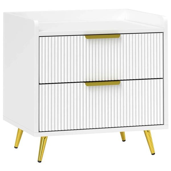 White two-drawer bedside table with ribbed drawers, lime handles, and gold legs