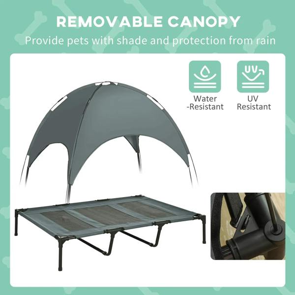 Grey raised pet cot with removable arched canopy for water and UV protection