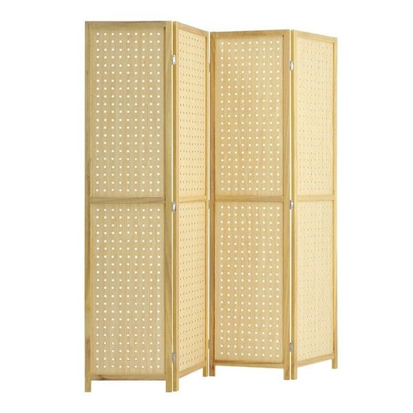 Natural Wood Round-Hole Screen with Four Panels in Paulownia Wood Living and Home