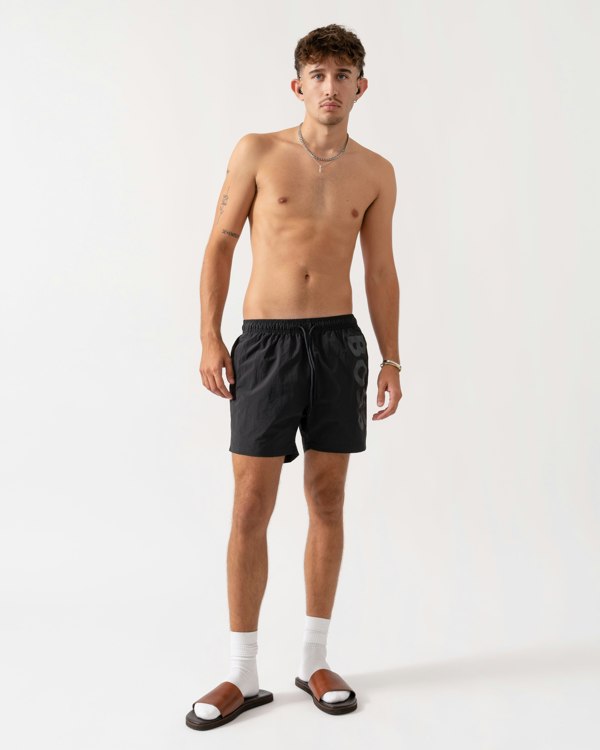 BOSS Orange Octopus Mens Contrast Logo Swim Shorts in Quick-Drying Fabric - Dark Grey 022 - CHO - Designer Mens Shorts