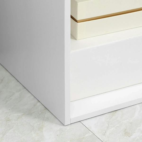 White storage unit base with lower open shelf and side panel
