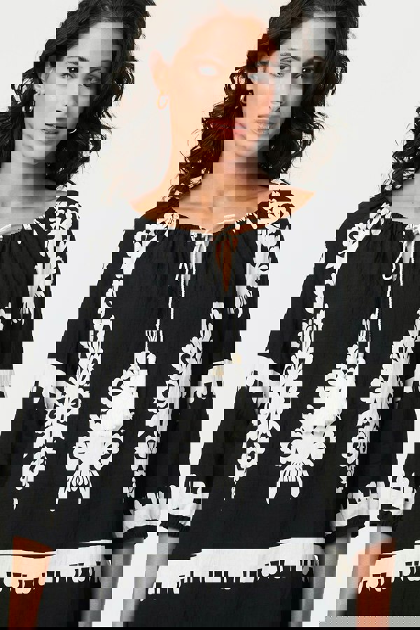 Black | Ikat Print Tassel Tie Neck Blouse
