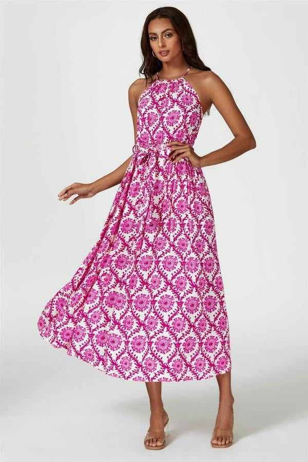 FS Collection Floral Print Tie Halterneck Maxi Dress In Pink