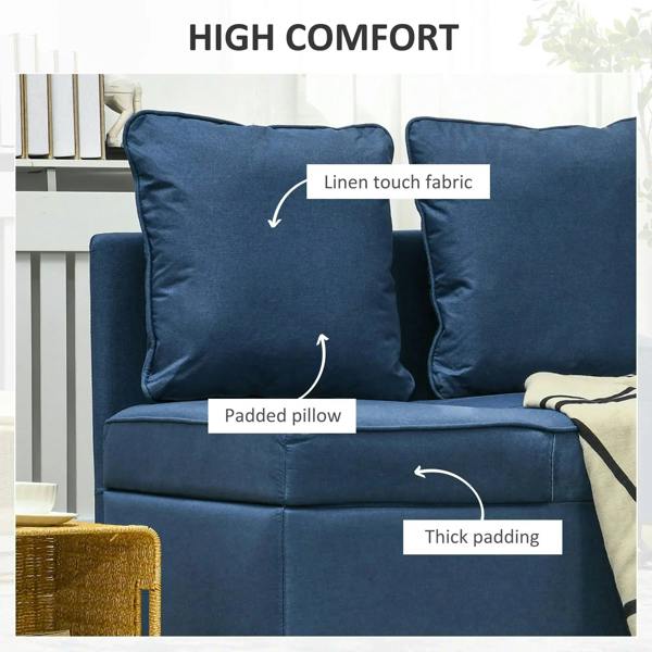 Blue sofa bed with two padded pillows and thick seat padding, linen-touch fabric look