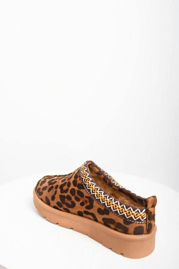 Ravina Chunky Slip On Suede Slippers With Stitch Detail - Leopard