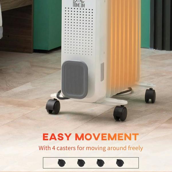 White oil-filled radiator heater with four rolling casters and vented front side panel.