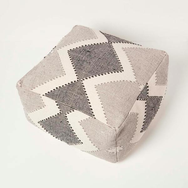 HOMESCAPES Malmo Handwoven Textured Grey & Black Pouffe Bean Cube