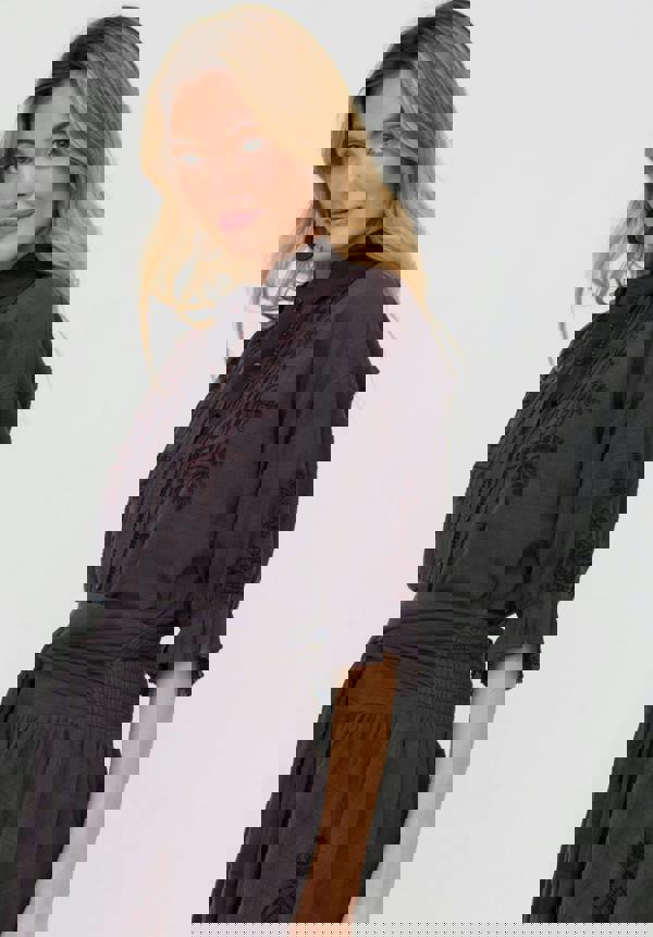 Raffya Julie Ruffle Neck Embroidered Shirt In Dark Grey