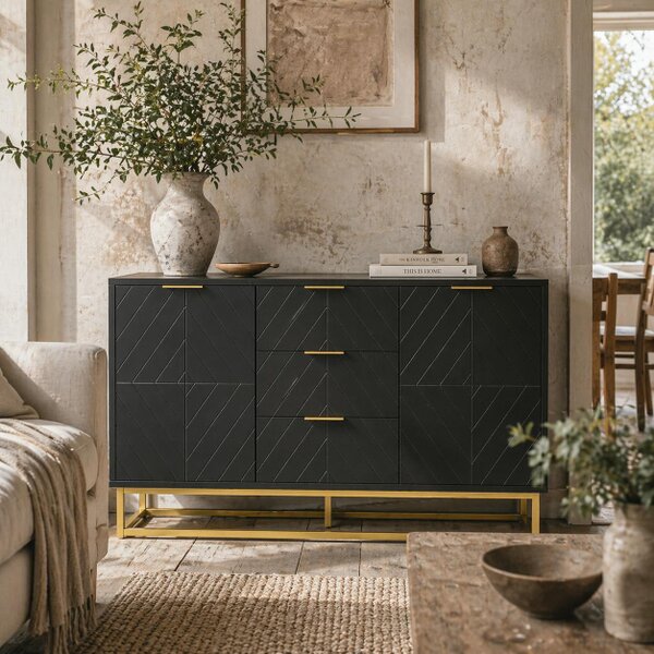Wyld Haus Varase Black Sideboard 3 Drawers 2 Doors Gold Accents